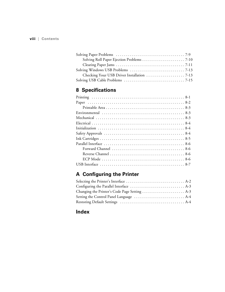 Specifications, A configuring the printer, Index | 8 specifications | Epson Stylus Pro 7000 User Manual | Page 8 / 147