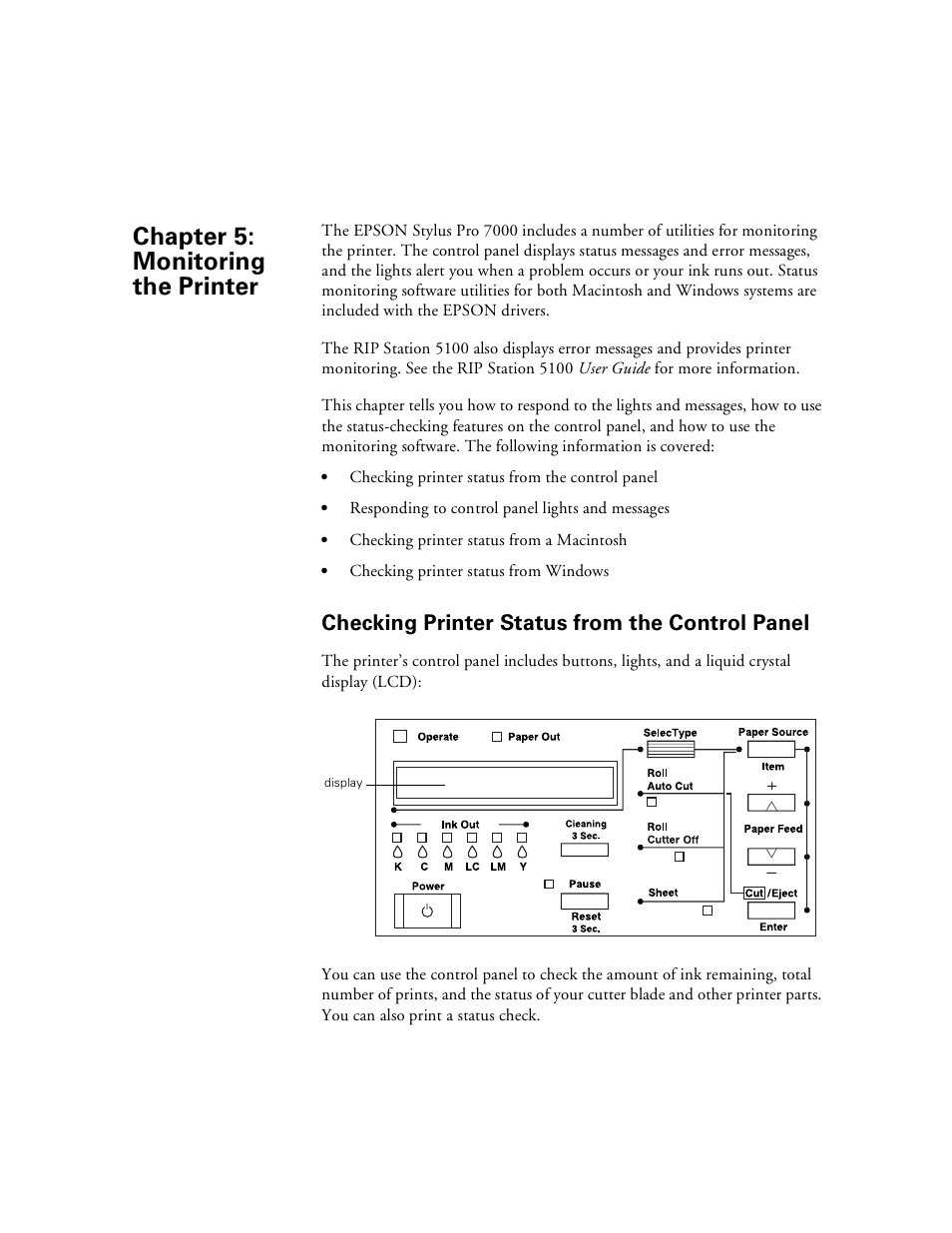 Checking printer status from the control panel, Chap 5-monitoring the printer, 5 monitoring the printer | Checking printer status from the control panel -1, Chapter 5: monitoring the printer | Epson Stylus Pro 7000 User Manual | Page 81 / 147
