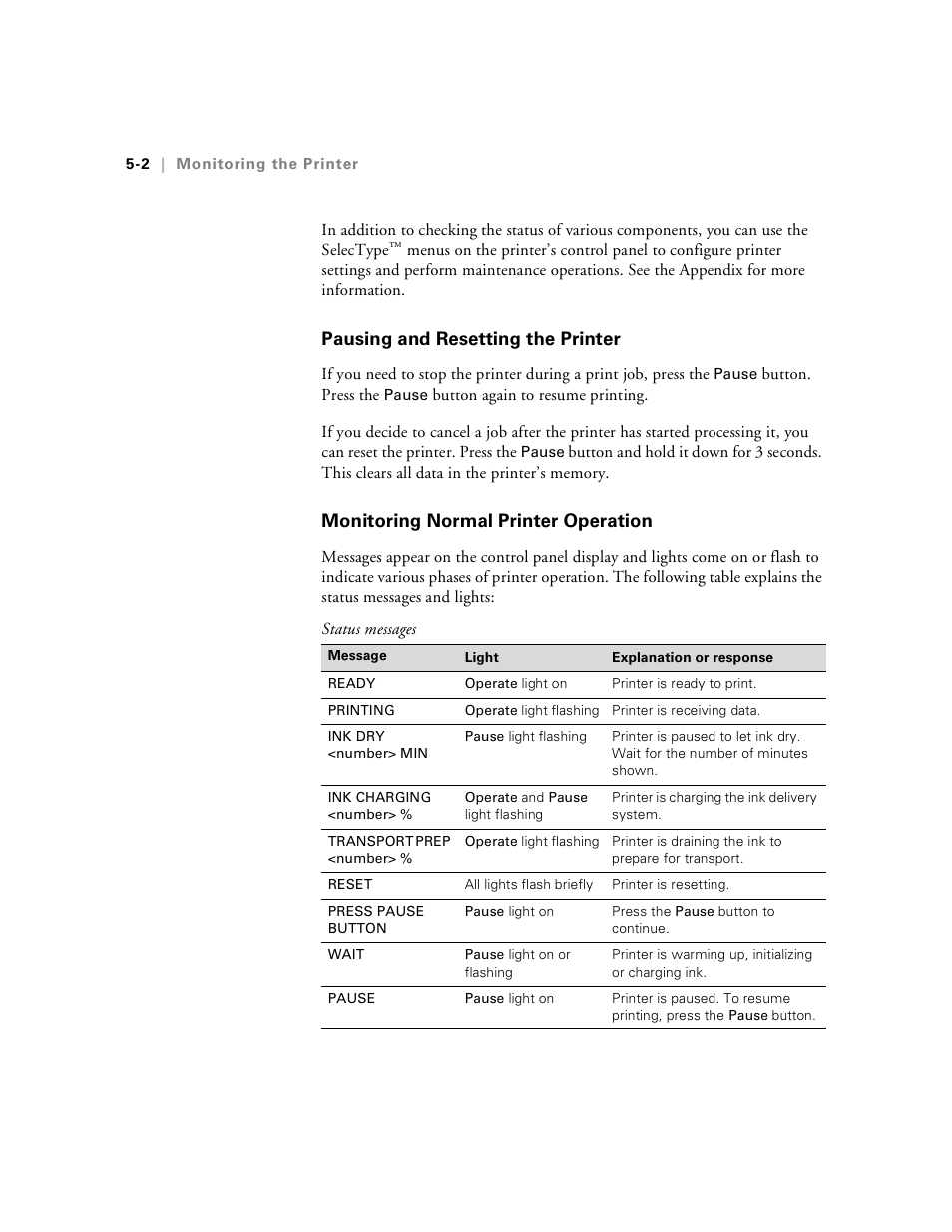 Pausing and resetting the printer, Monitoring normal printer operation | Epson Stylus Pro 7000 User Manual | Page 82 / 147