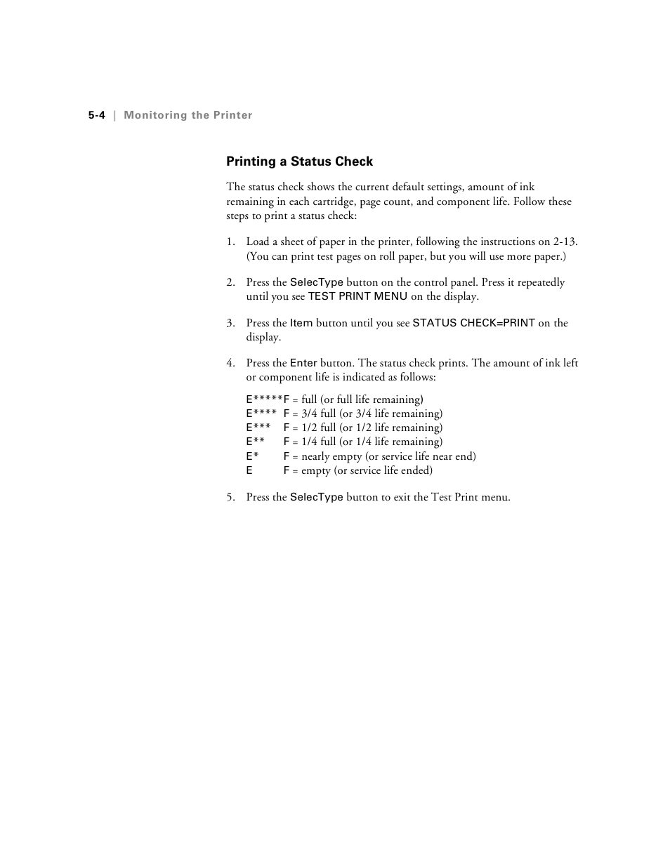 Printing a status check, Printing a status check -4 | Epson Stylus Pro 7000 User Manual | Page 84 / 147