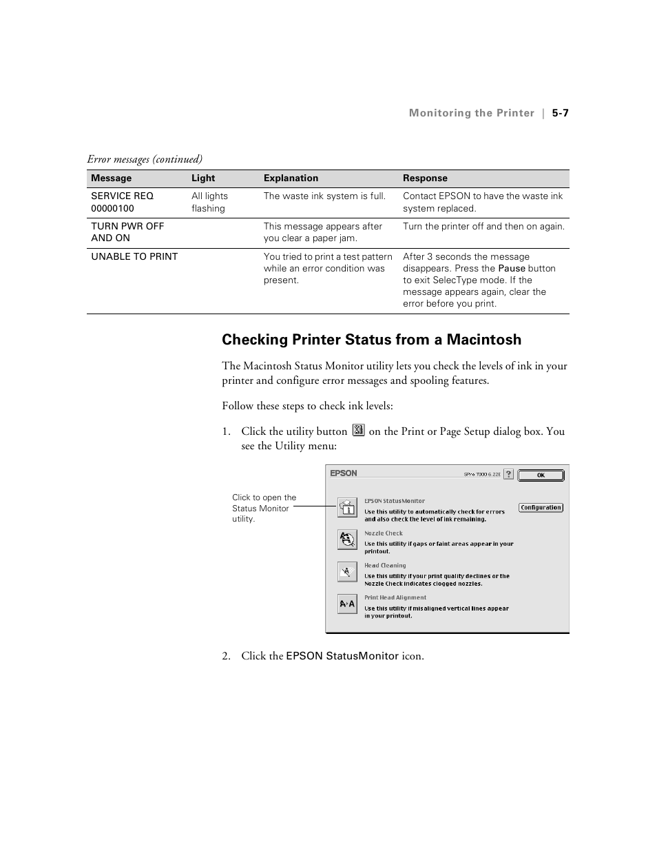 Checking printer status from a macintosh, Checking printer status from a macintosh -7 | Epson Stylus Pro 7000 User Manual | Page 87 / 147