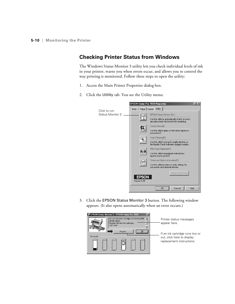 Checking printer status from windows, Checking printer status from windows -10 | Epson Stylus Pro 7000 User Manual | Page 90 / 147