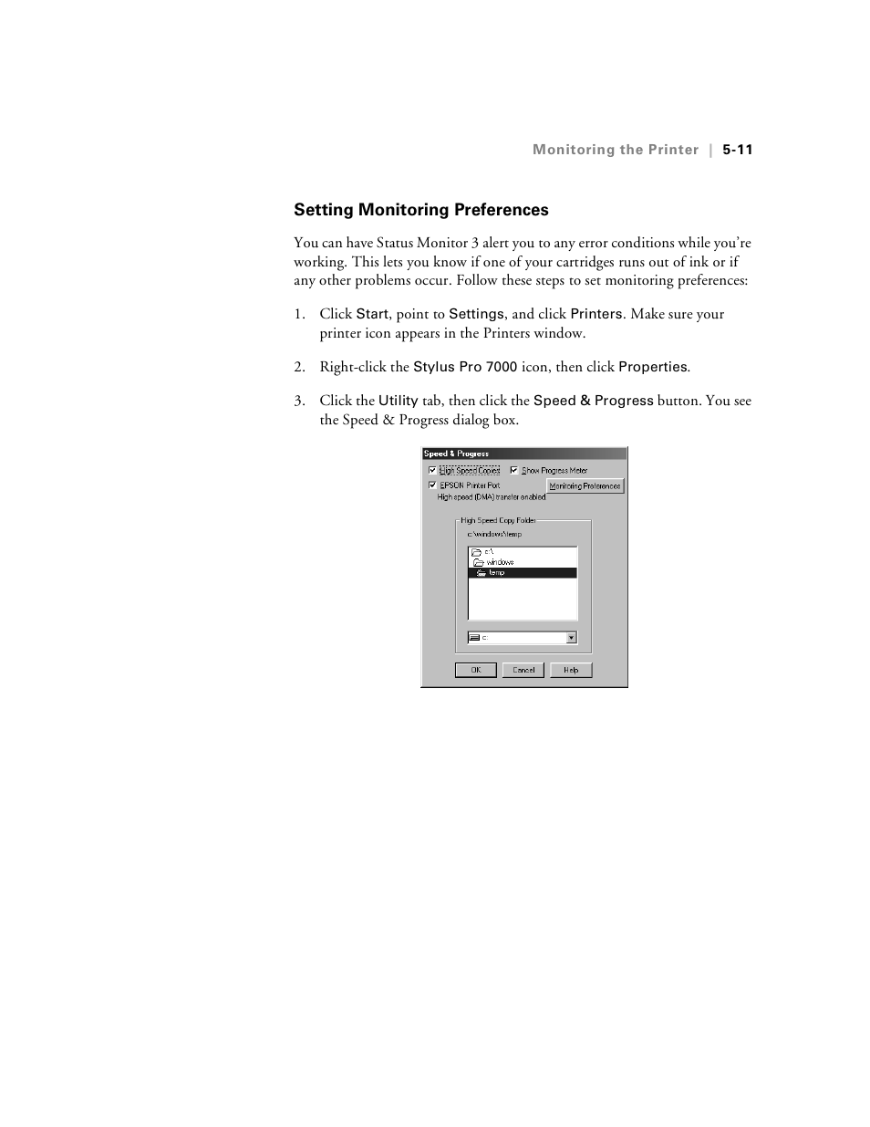 Setting monitoring preferences, Setting monitoring preferences -11 | Epson Stylus Pro 7000 User Manual | Page 91 / 147