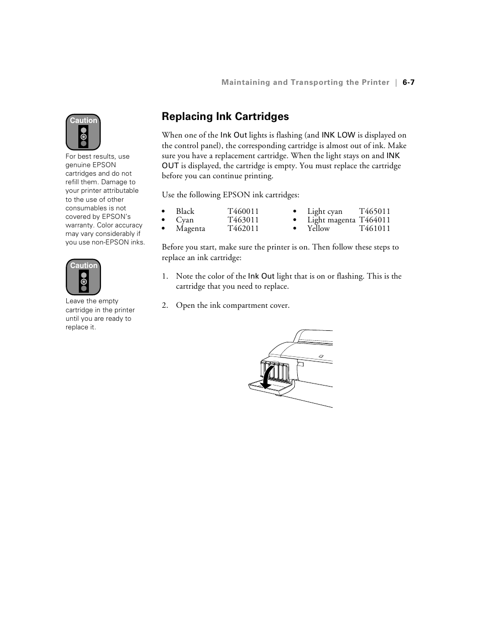 Replacing ink cartridges, Replacing ink cartridges -7, Ge 6-7 f | Epson Stylus Pro 7000 User Manual | Page 99 / 147