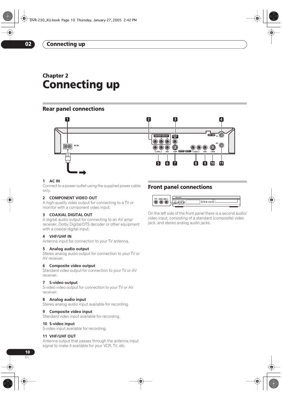 02 connecting up, Rear panel connections, Front panel connections | Connecting up, Connecting up 02, Chapter 2 | Pioneer DVR-233-S User Manual | Page 10 / 68