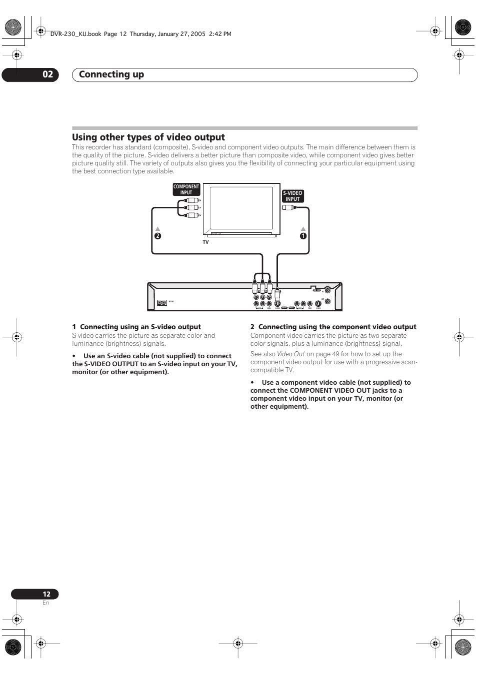 Using other types of video output, Connecting up 02, 1 connecting using an s-video output | 2 connecting using the component video output | Pioneer DVR-233-S User Manual | Page 12 / 68