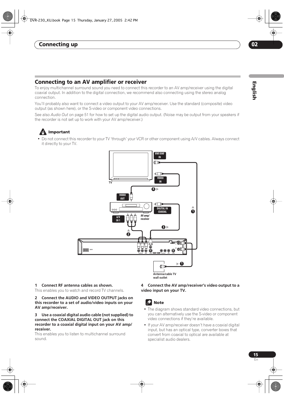 Connecting to an av amplifier or receiver, Connecting up 02, English | Pioneer DVR-233-S User Manual | Page 15 / 68
