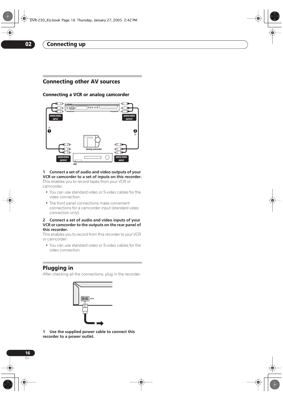 Connecting other av sources, Plugging in, Connecting up 02 | Pioneer DVR-233-S User Manual | Page 16 / 68