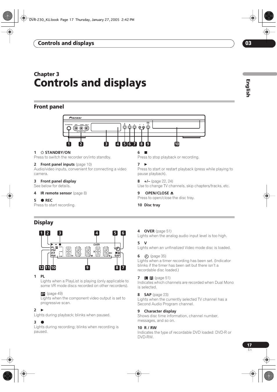 03 controls and displays, Front panel, Display | Controls and displays, Controls and displays 03, Chapter 3 | Pioneer DVR-233-S User Manual | Page 17 / 68