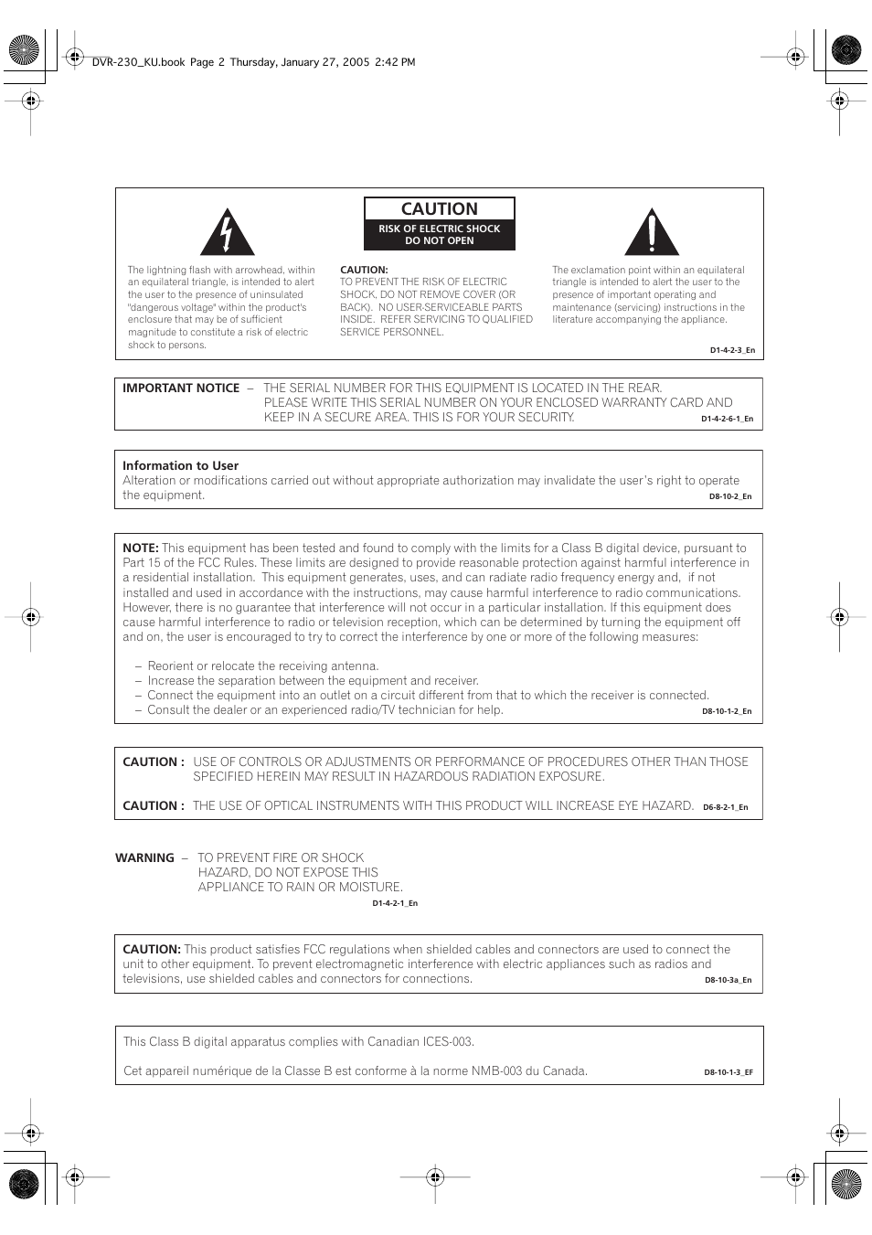 Caution | Pioneer DVR-233-S User Manual | Page 2 / 68