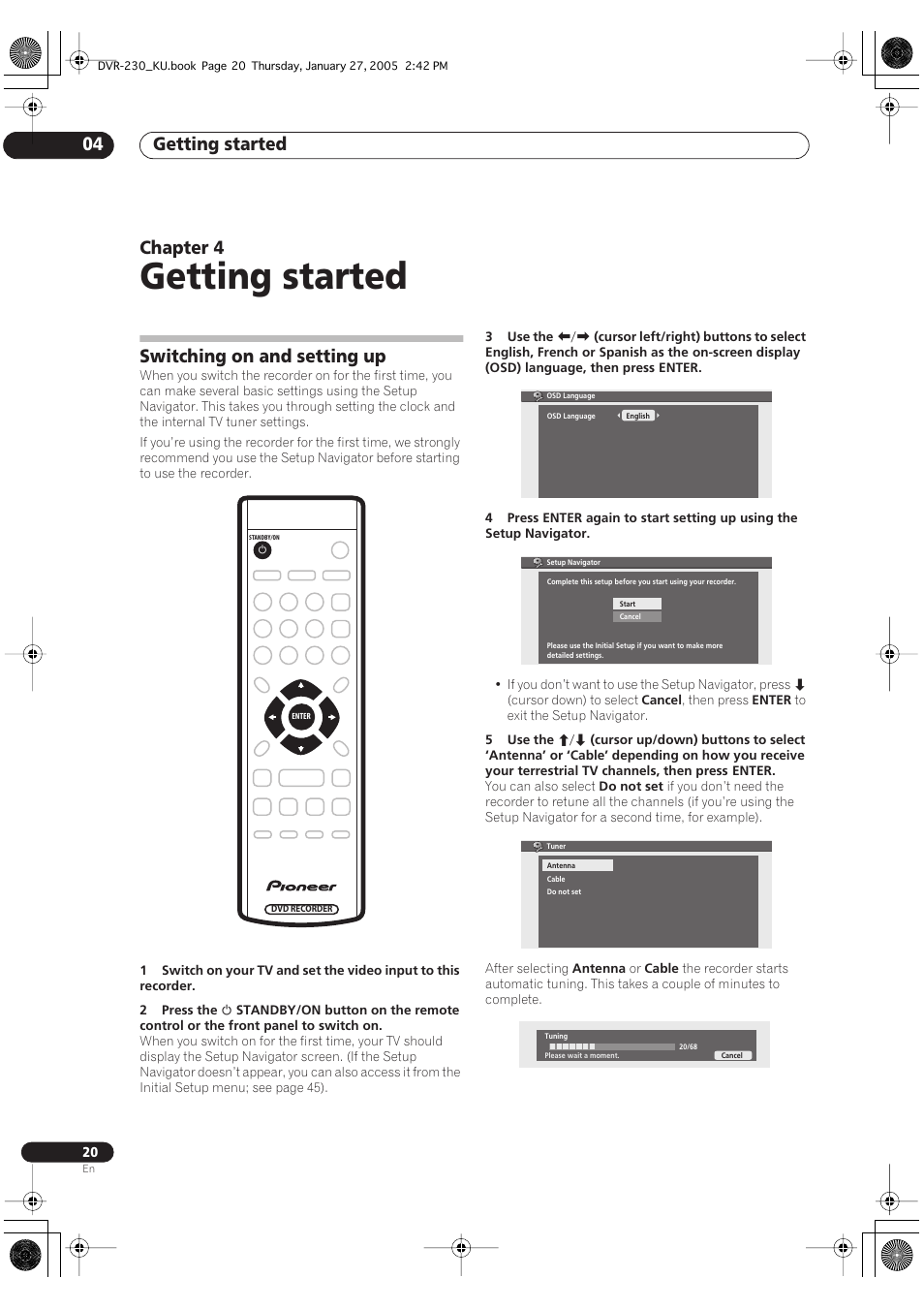 04 getting started, Switching on and setting up, Getting started | Getting started 04, Chapter 4 | Pioneer DVR-233-S User Manual | Page 20 / 68