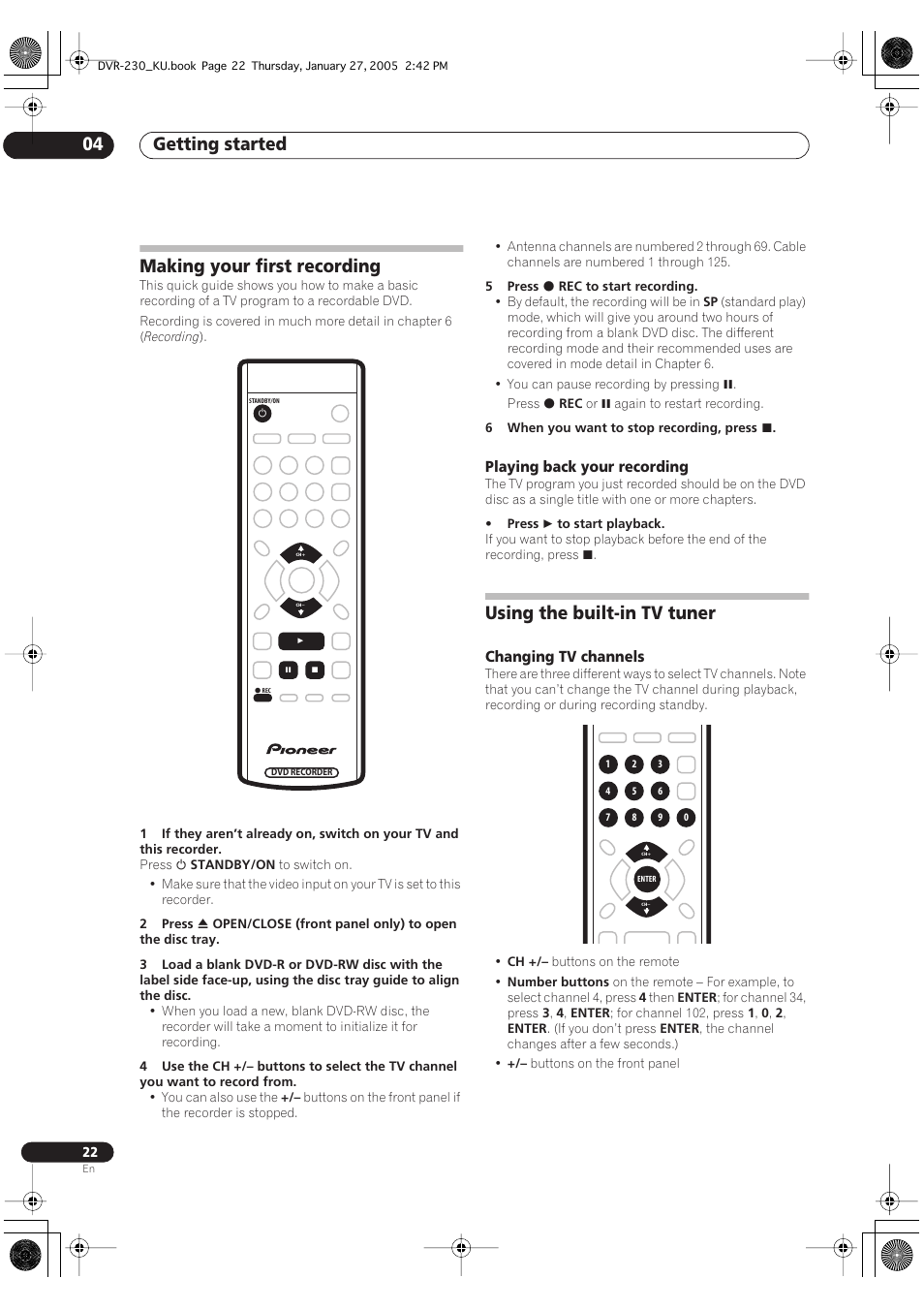 Making your first recording, Using the built-in tv tuner, Getting started 04 | Pioneer DVR-233-S User Manual | Page 22 / 68