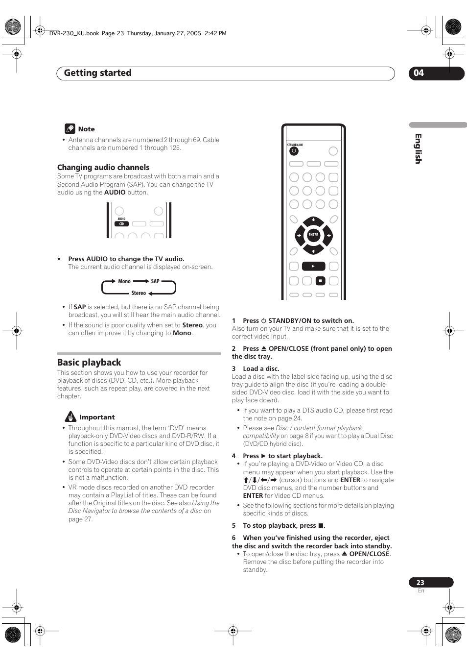 Basic playback, Getting started 04 | Pioneer DVR-233-S User Manual | Page 23 / 68