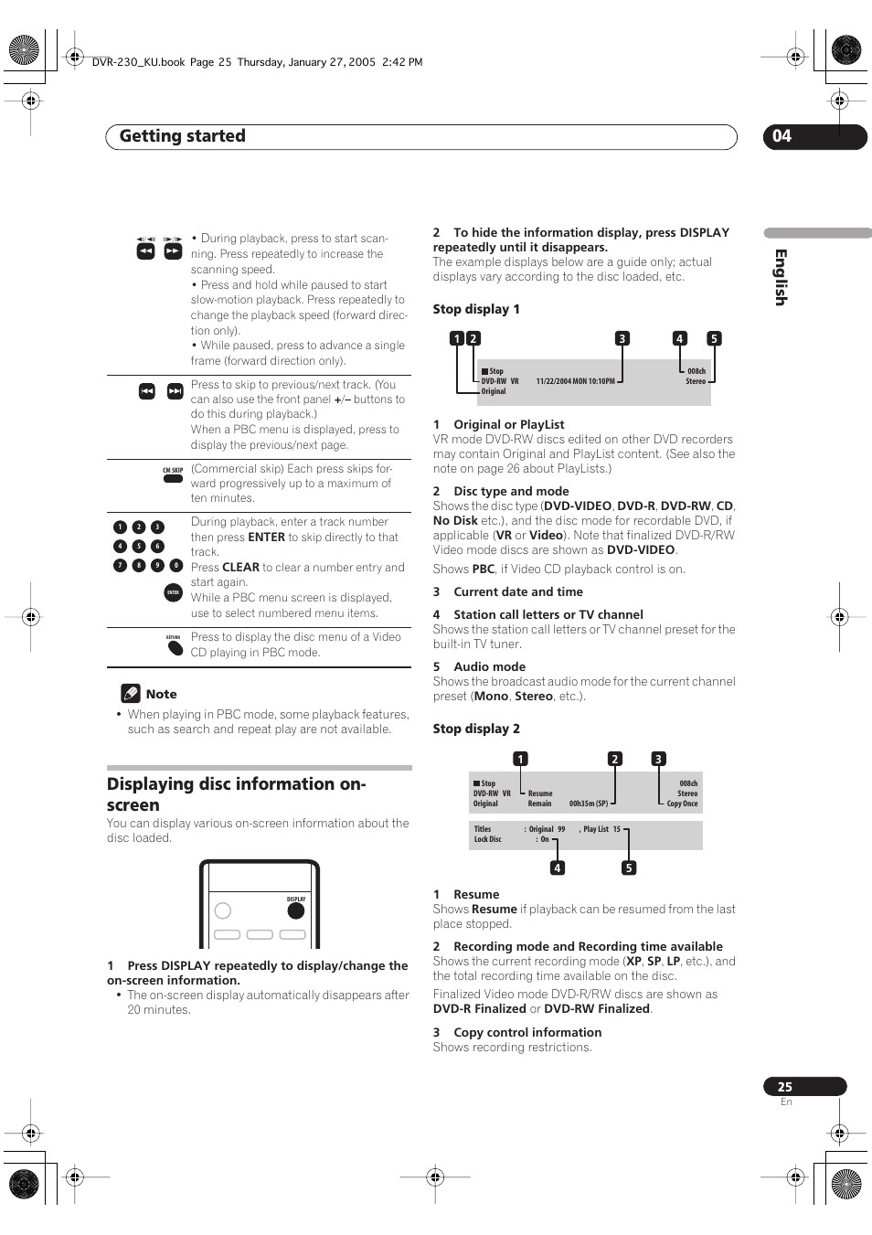 Displaying disc information on-screen, Getting started 04, Displaying disc information on- screen | Pioneer DVR-233-S User Manual | Page 25 / 68