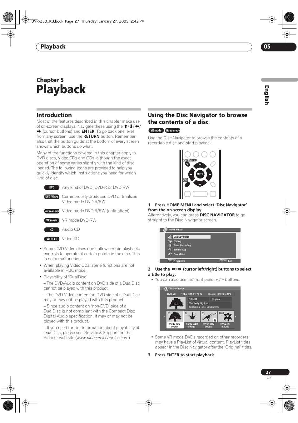 05 playback, Introduction, Playback | Playback 05, Chapter 5 | Pioneer DVR-233-S User Manual | Page 27 / 68