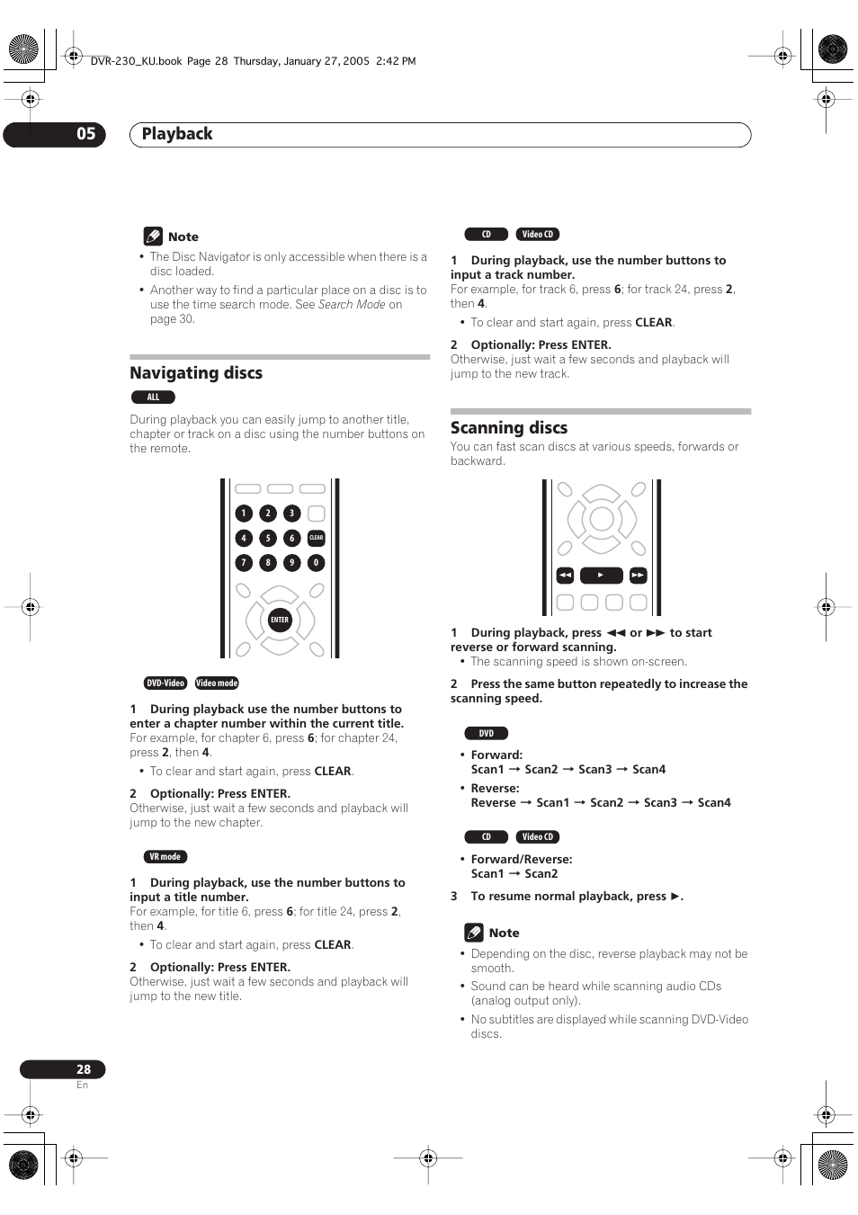 Navigating discs, Scanning discs, Playback 05 | Pioneer DVR-233-S User Manual | Page 28 / 68