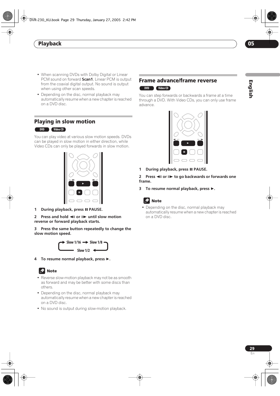 Playing in slow motion, Frame advance/frame reverse, Playback 05 | Pioneer DVR-233-S User Manual | Page 29 / 68