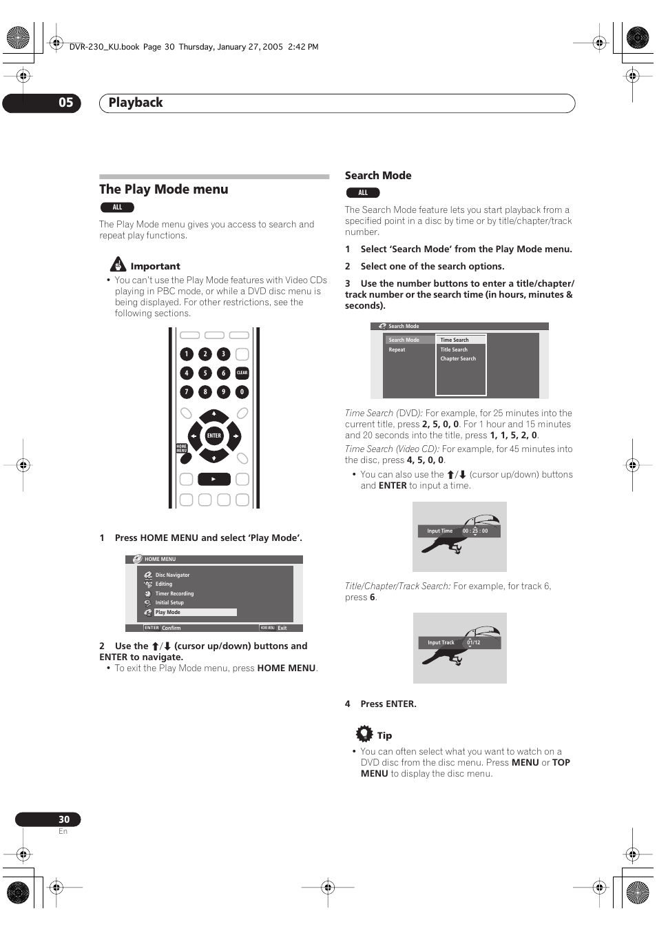 The play mode menu, Playback 05, Search mode | Pioneer DVR-233-S User Manual | Page 30 / 68