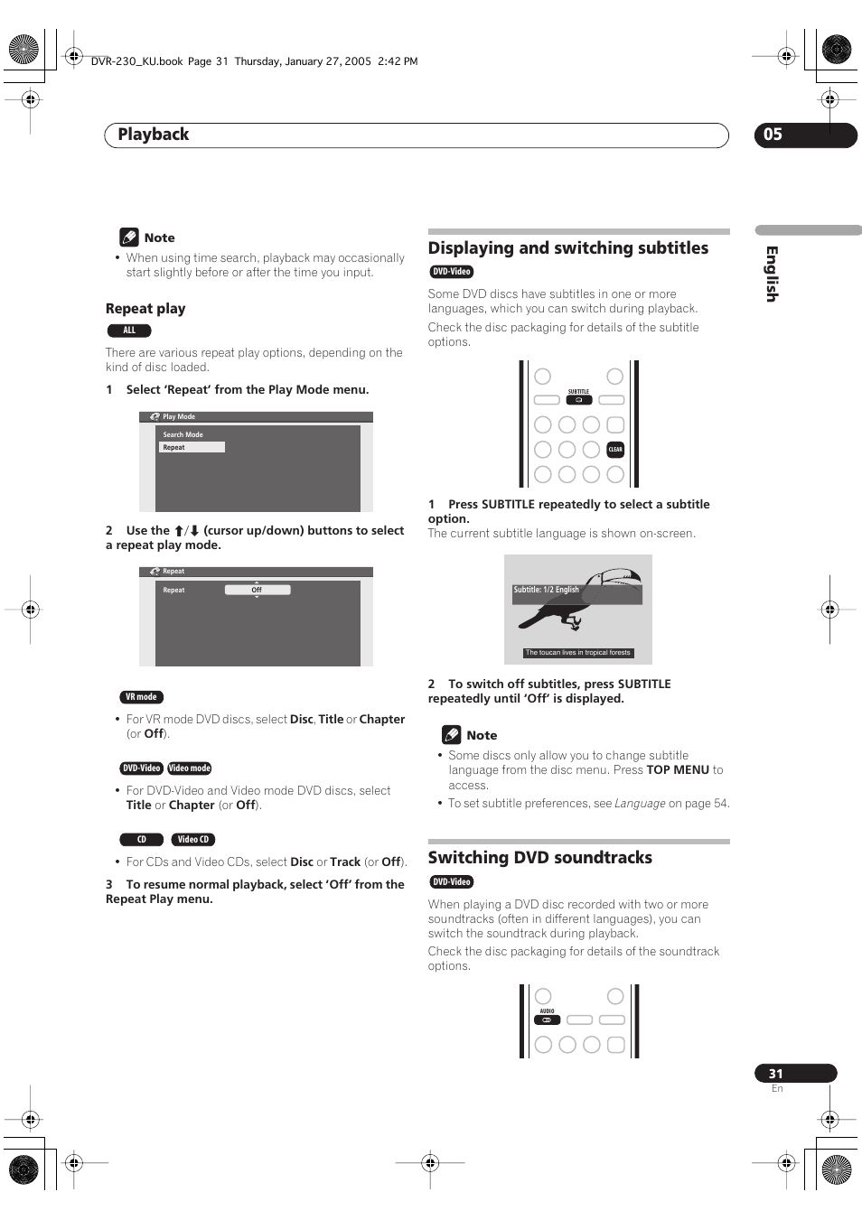 Displaying and switching subtitles, Switching dvd soundtracks, Playback 05 | Pioneer DVR-233-S User Manual | Page 31 / 68