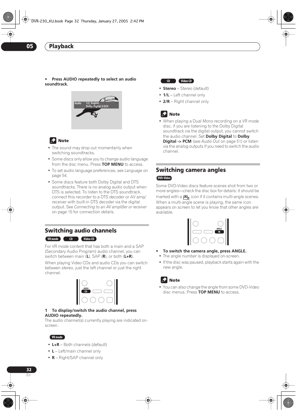 Switching audio channels, Switching camera angles, Playback 05 | Pioneer DVR-233-S User Manual | Page 32 / 68