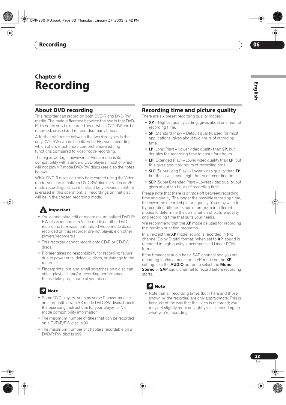 06 recording, About dvd recording, Recording time and picture quality | Recording, Recording 06, Chapter 6 | Pioneer DVR-233-S User Manual | Page 33 / 68