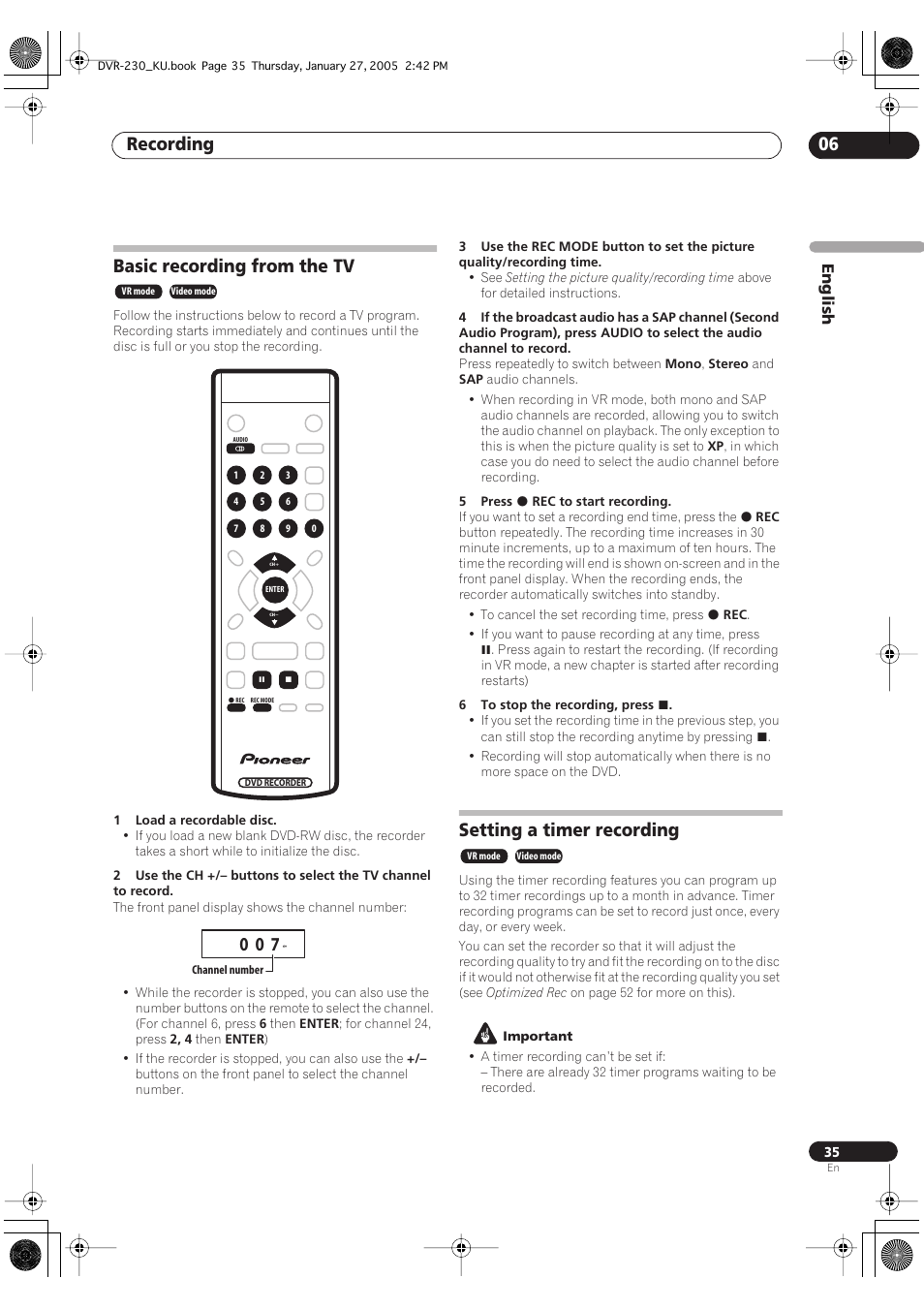 Basic recording from the tv, Setting a timer recording, Recording 06 | Pioneer DVR-233-S User Manual | Page 35 / 68