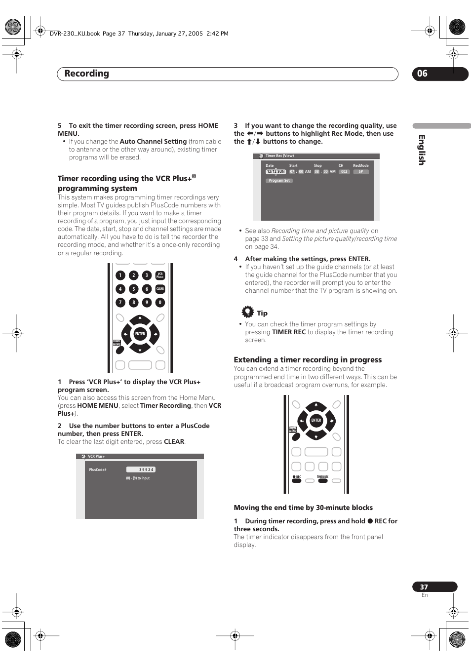 Recording 06, English, Timer recording using the vcr plus | Programming system, Extending a timer recording in progress | Pioneer DVR-233-S User Manual | Page 37 / 68