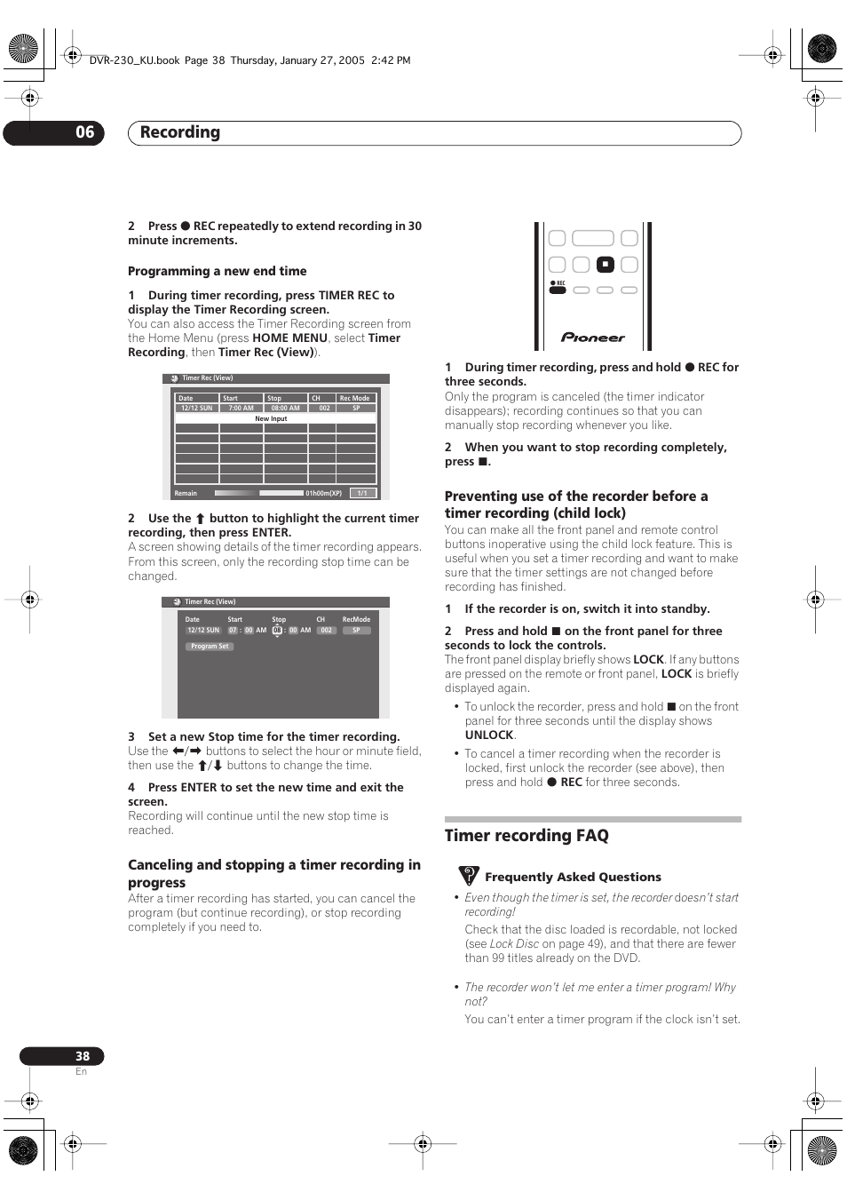 Timer recording faq, Recording 06 | Pioneer DVR-233-S User Manual | Page 38 / 68