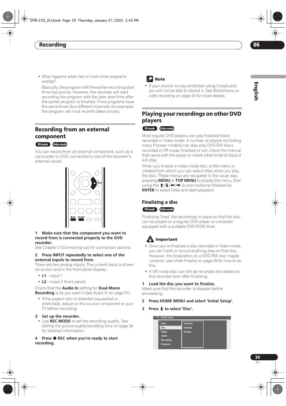Recording from an external component, Playing your recordings on other dvd players, Recording 06 | Pioneer DVR-233-S User Manual | Page 39 / 68