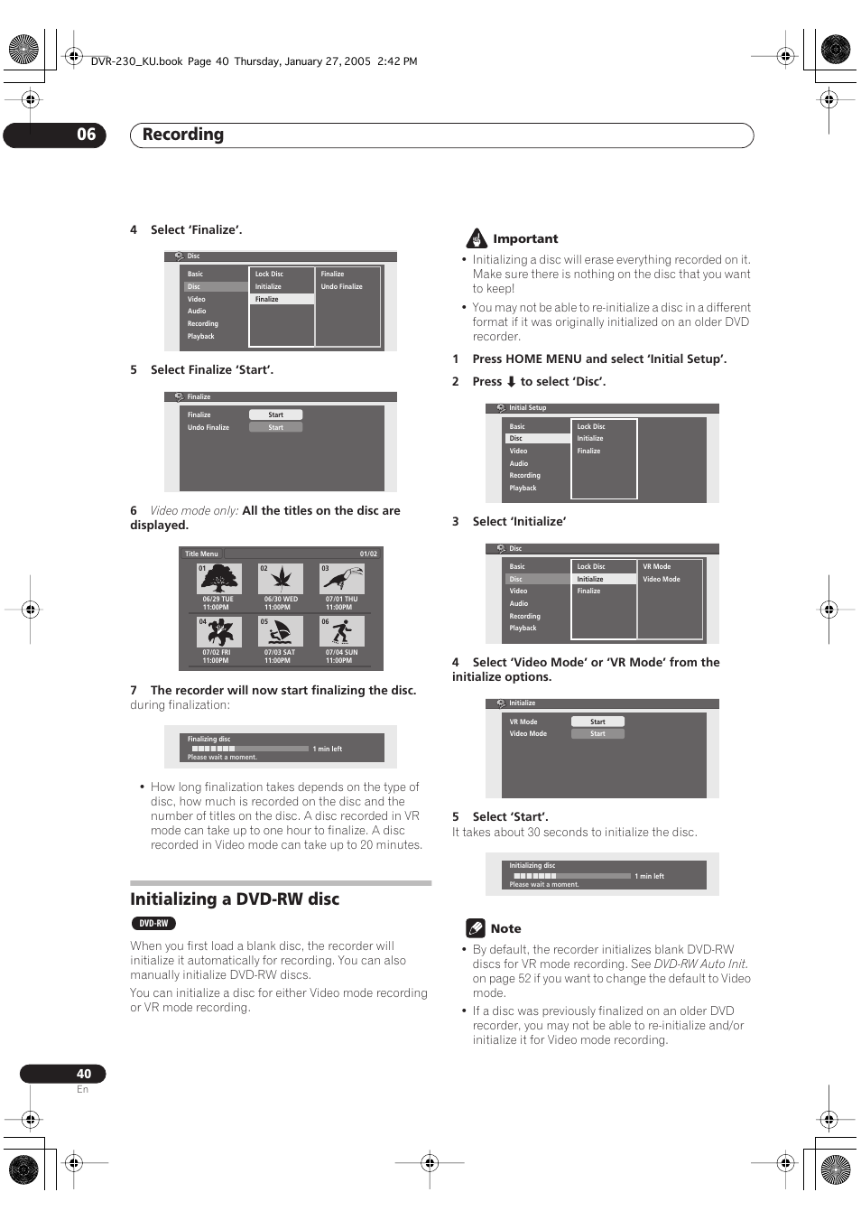 Initializing a dvd-rw disc, Recording 06 | Pioneer DVR-233-S User Manual | Page 40 / 68