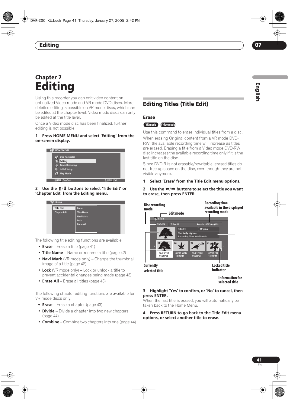 07 editing, Editing titles (title edit), Editing | Editing 07, Chapter 7 | Pioneer DVR-233-S User Manual | Page 41 / 68