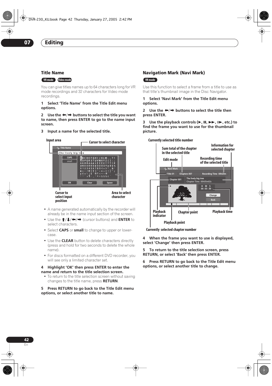 Editing 07, Title name, Navigation mark (navi mark) | Pioneer DVR-233-S User Manual | Page 42 / 68