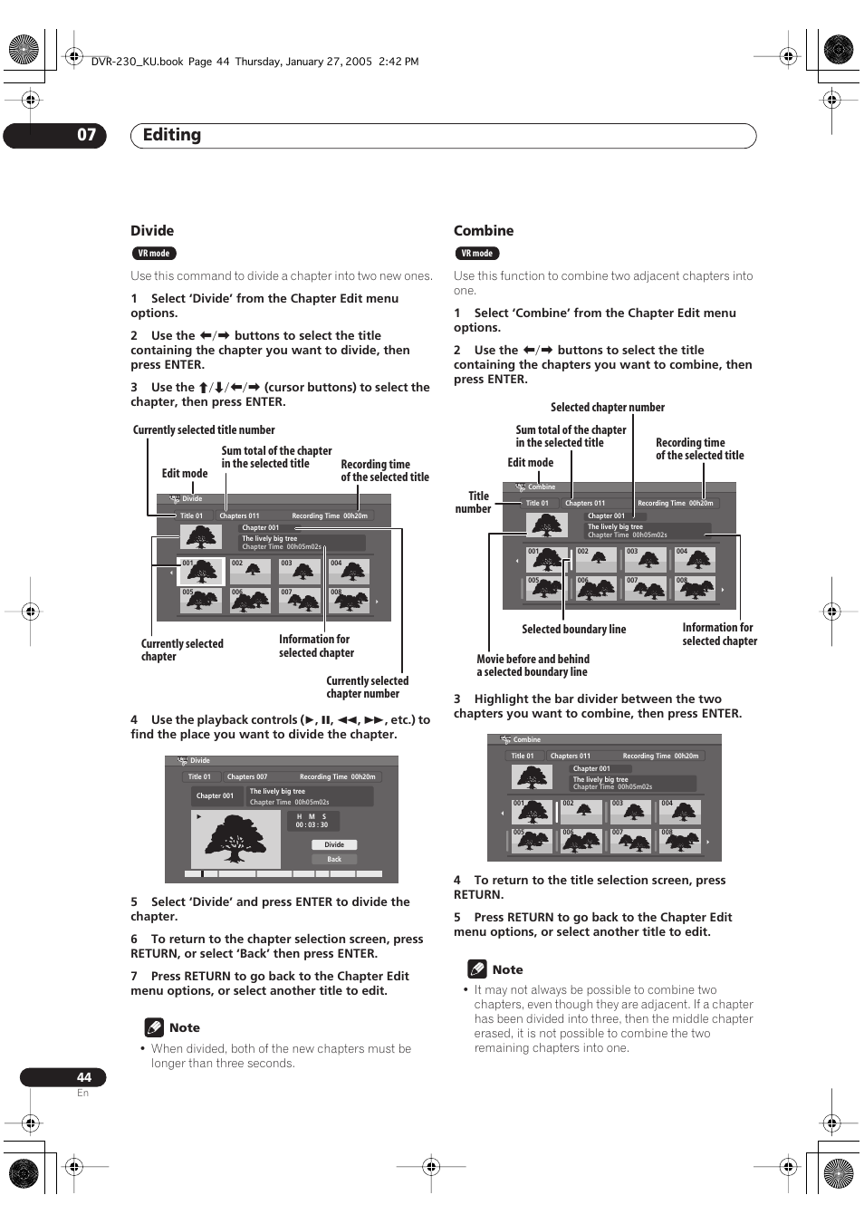 Editing 07, Divide, Combine | Pioneer DVR-233-S User Manual | Page 44 / 68