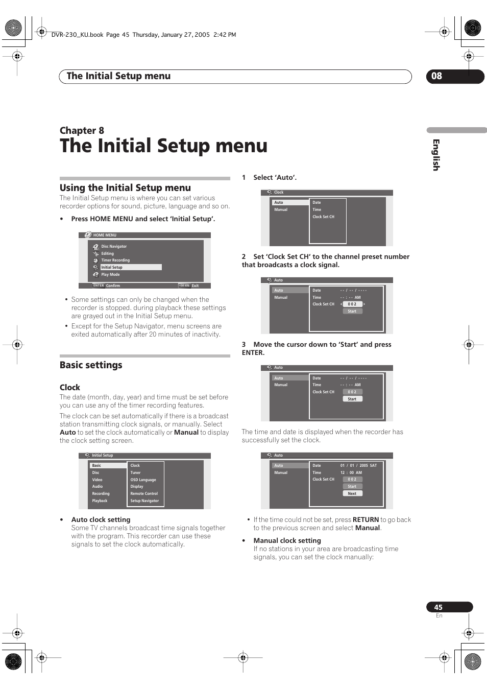 08 the initial setup menu, Using the initial setup menu, Basic settings | The initial setup menu, The initial setup menu 08, Chapter 8, English, Clock | Pioneer DVR-233-S User Manual | Page 45 / 68