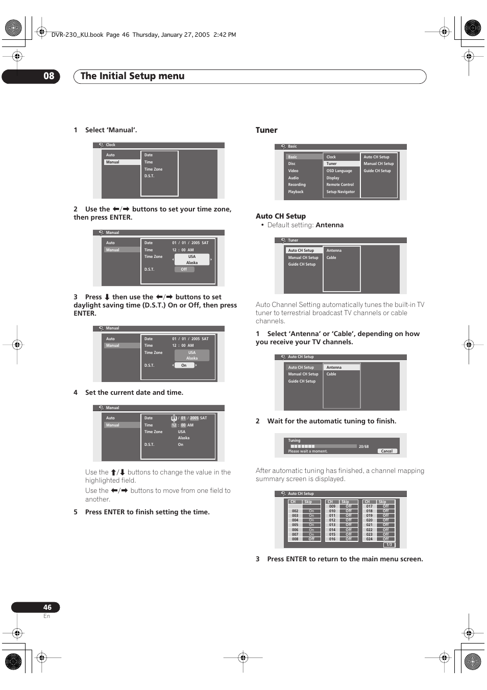 The initial setup menu 08, Tuner, Auto ch setup | Pioneer DVR-233-S User Manual | Page 46 / 68