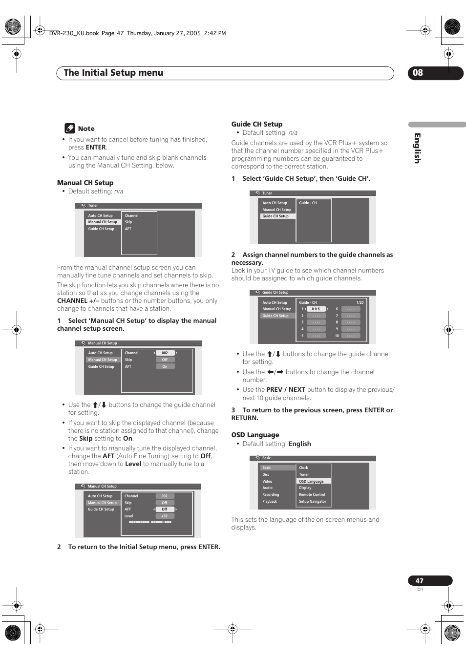 The initial setup menu 08, English | Pioneer DVR-233-S User Manual | Page 47 / 68