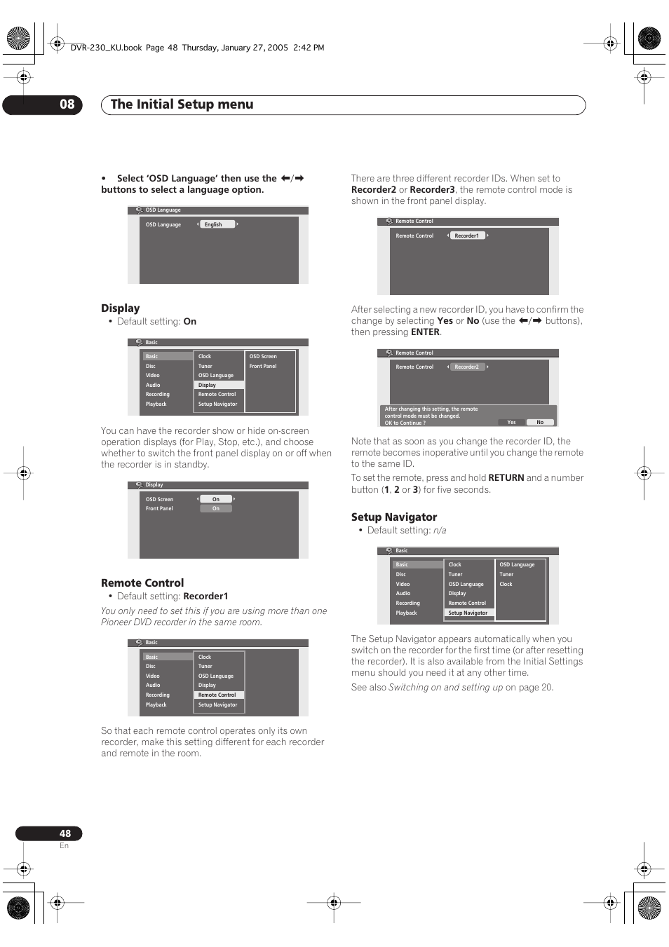 The initial setup menu 08, Display, Remote control | Setup navigator | Pioneer DVR-233-S User Manual | Page 48 / 68