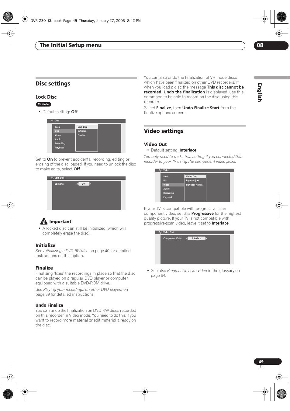 Disc settings, Video settings, The initial setup menu 08 | Pioneer DVR-233-S User Manual | Page 49 / 68