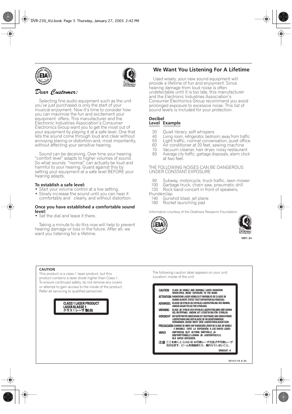 We want you listening for a lifetime | Pioneer DVR-233-S User Manual | Page 5 / 68