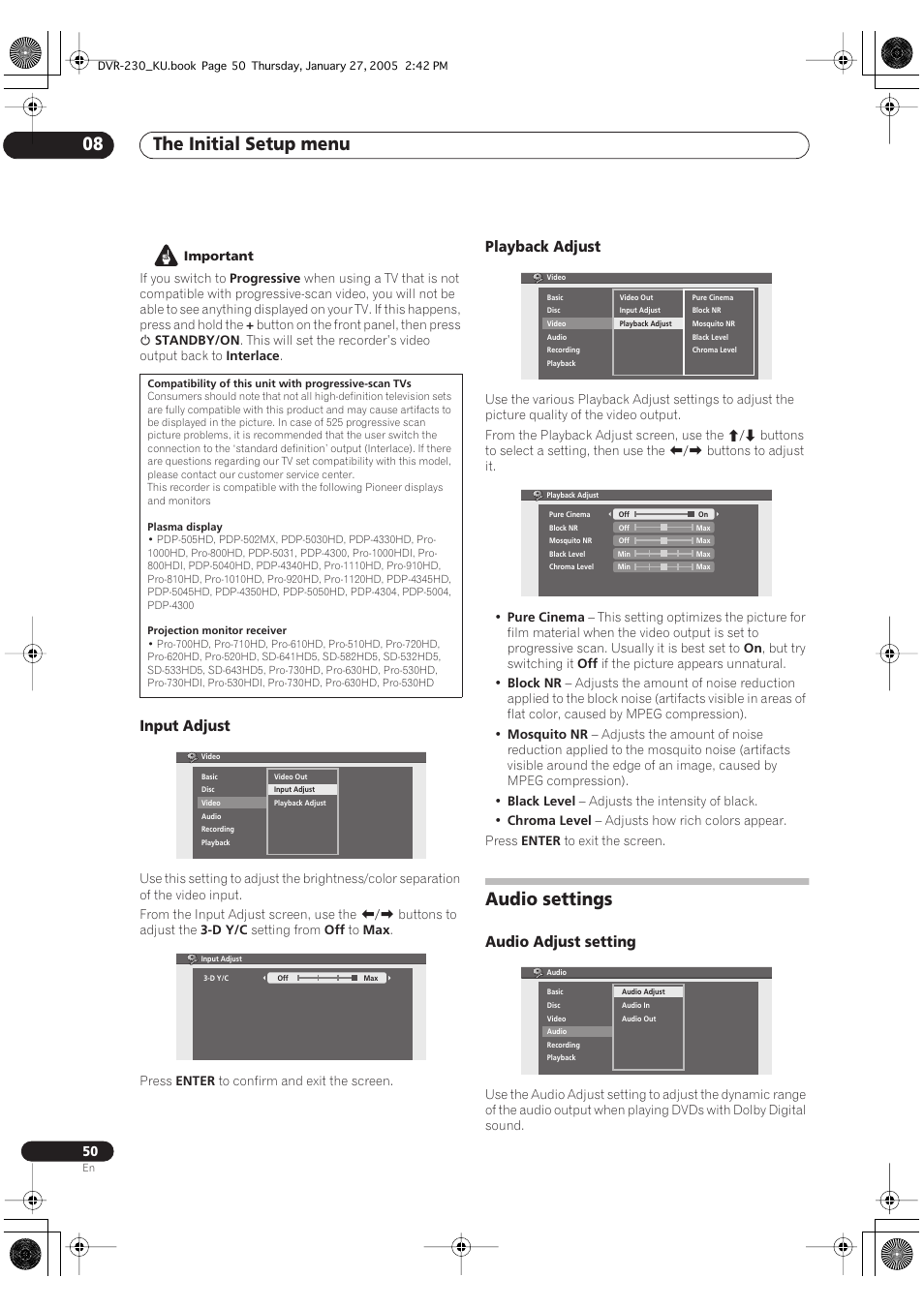 Audio settings, The initial setup menu 08, Input adjust | Playback adjust, Audio adjust setting | Pioneer DVR-233-S User Manual | Page 50 / 68