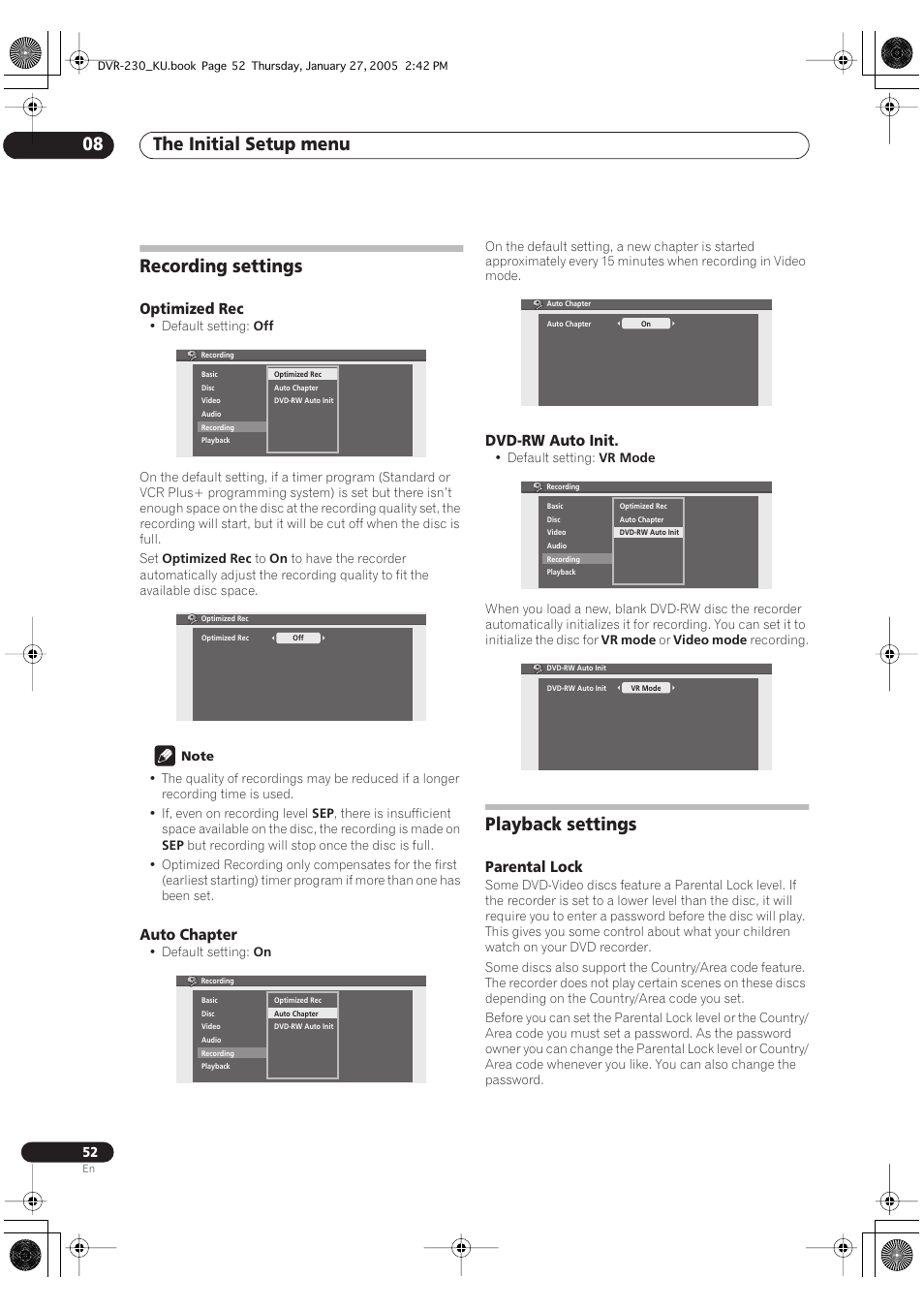 Recording settings, Playback settings, The initial setup menu 08 | Optimized rec, Auto chapter, Dvd-rw auto init, Parental lock | Pioneer DVR-233-S User Manual | Page 52 / 68
