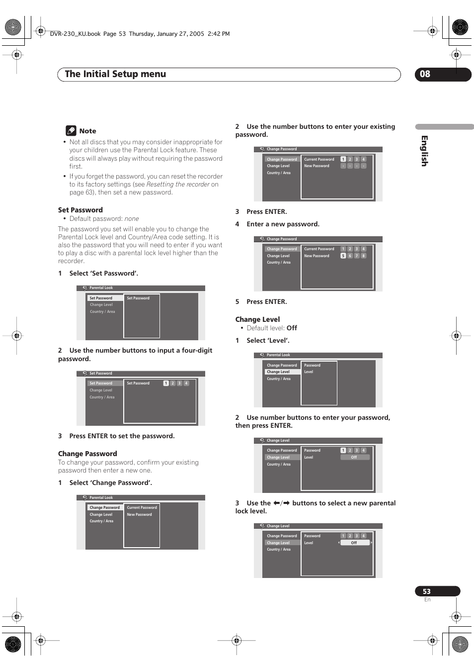 The initial setup menu 08, English | Pioneer DVR-233-S User Manual | Page 53 / 68