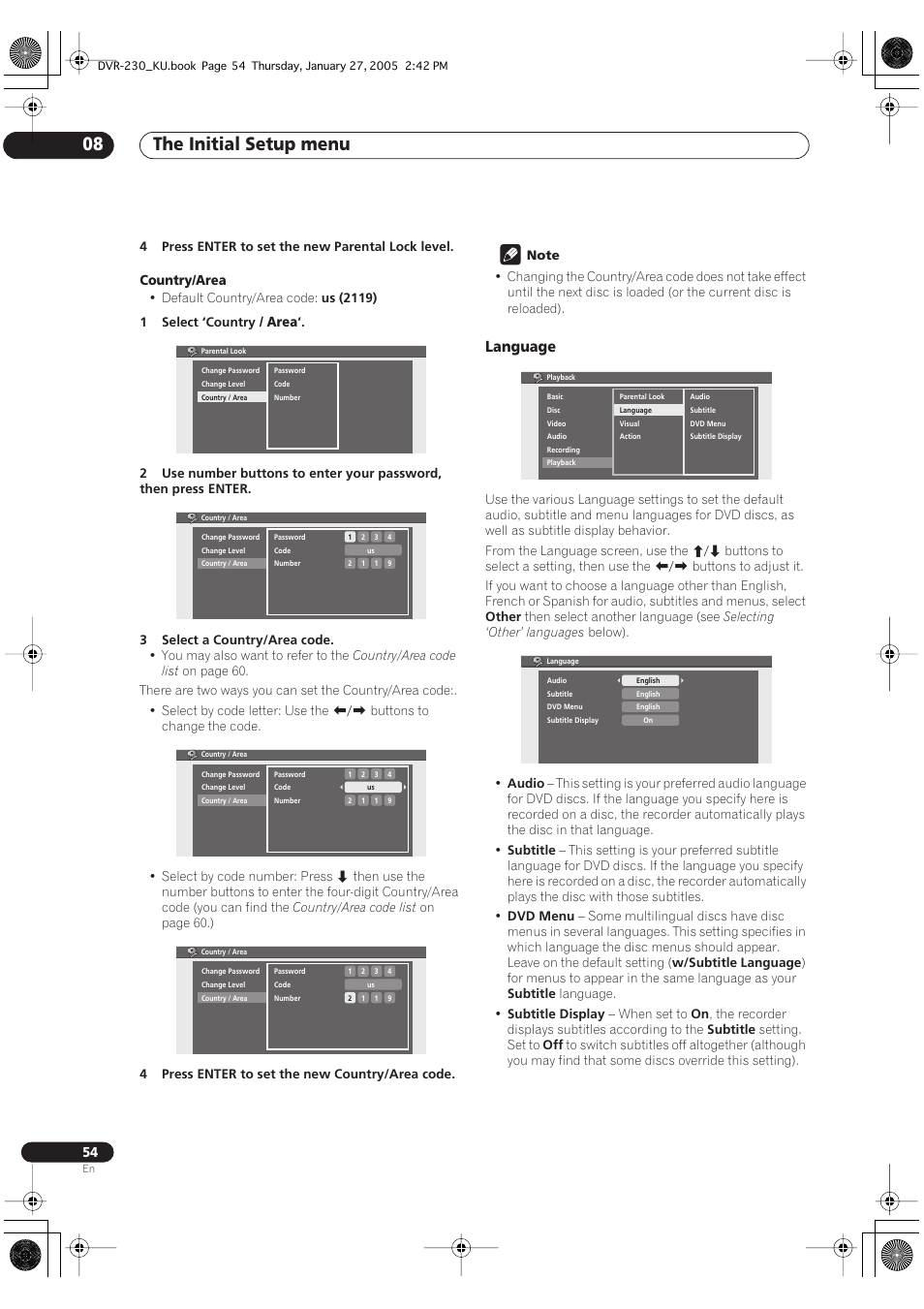 The initial setup menu 08, Language | Pioneer DVR-233-S User Manual | Page 54 / 68