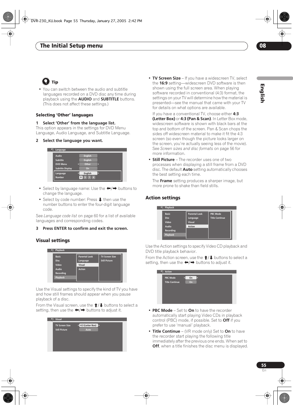 The initial setup menu 08, English, Visual settings | Action settings | Pioneer DVR-233-S User Manual | Page 55 / 68