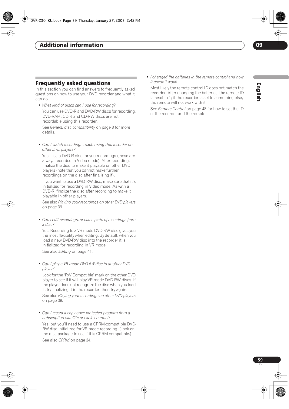 Frequently asked questions, Additional information 09 | Pioneer DVR-233-S User Manual | Page 59 / 68