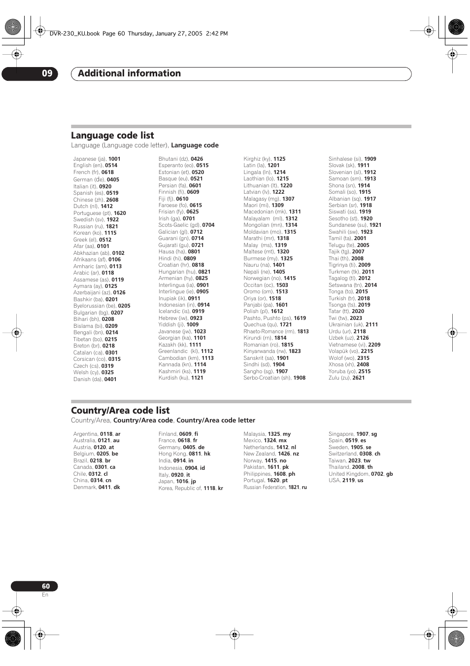 Language code list, Country/area code list, Additional information 09 | Pioneer DVR-233-S User Manual | Page 60 / 68