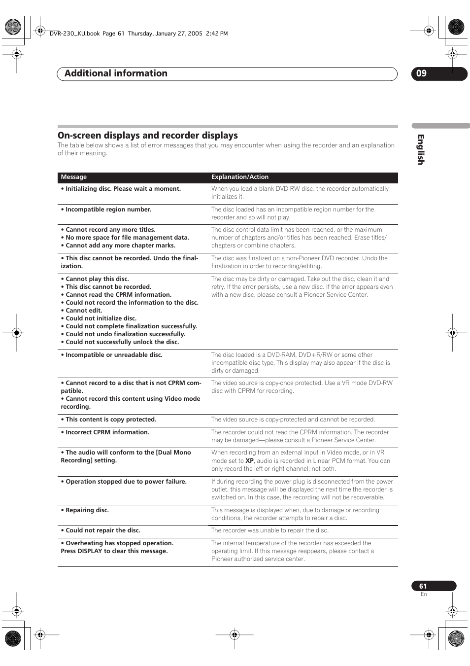 On-screen displays and recorder displays, Additional information 09 | Pioneer DVR-233-S User Manual | Page 61 / 68