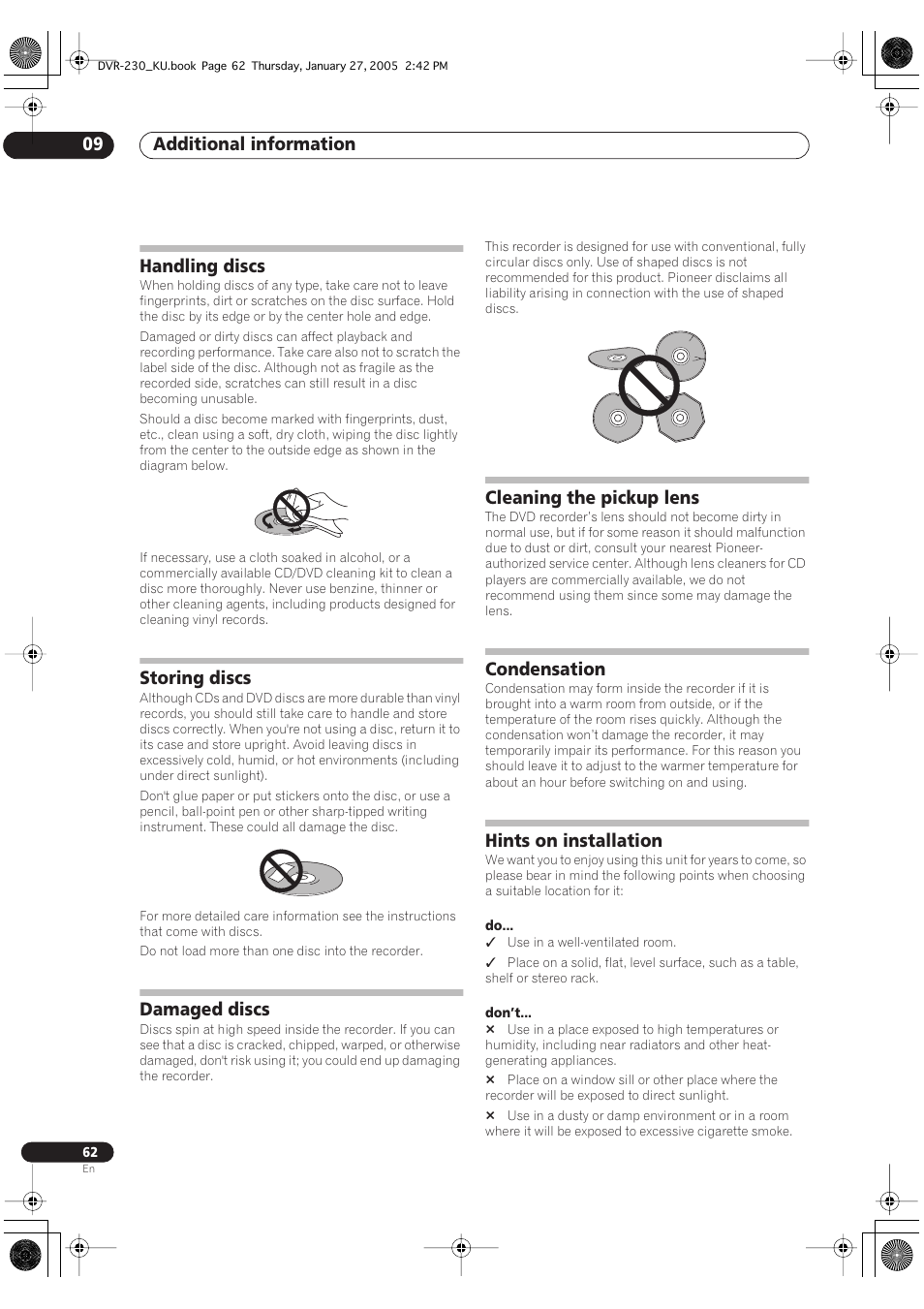 Handling discs, Storing discs, Damaged discs | Cleaning the pickup lens, Condensation, Hints on installation, Additional information 09 | Pioneer DVR-233-S User Manual | Page 62 / 68
