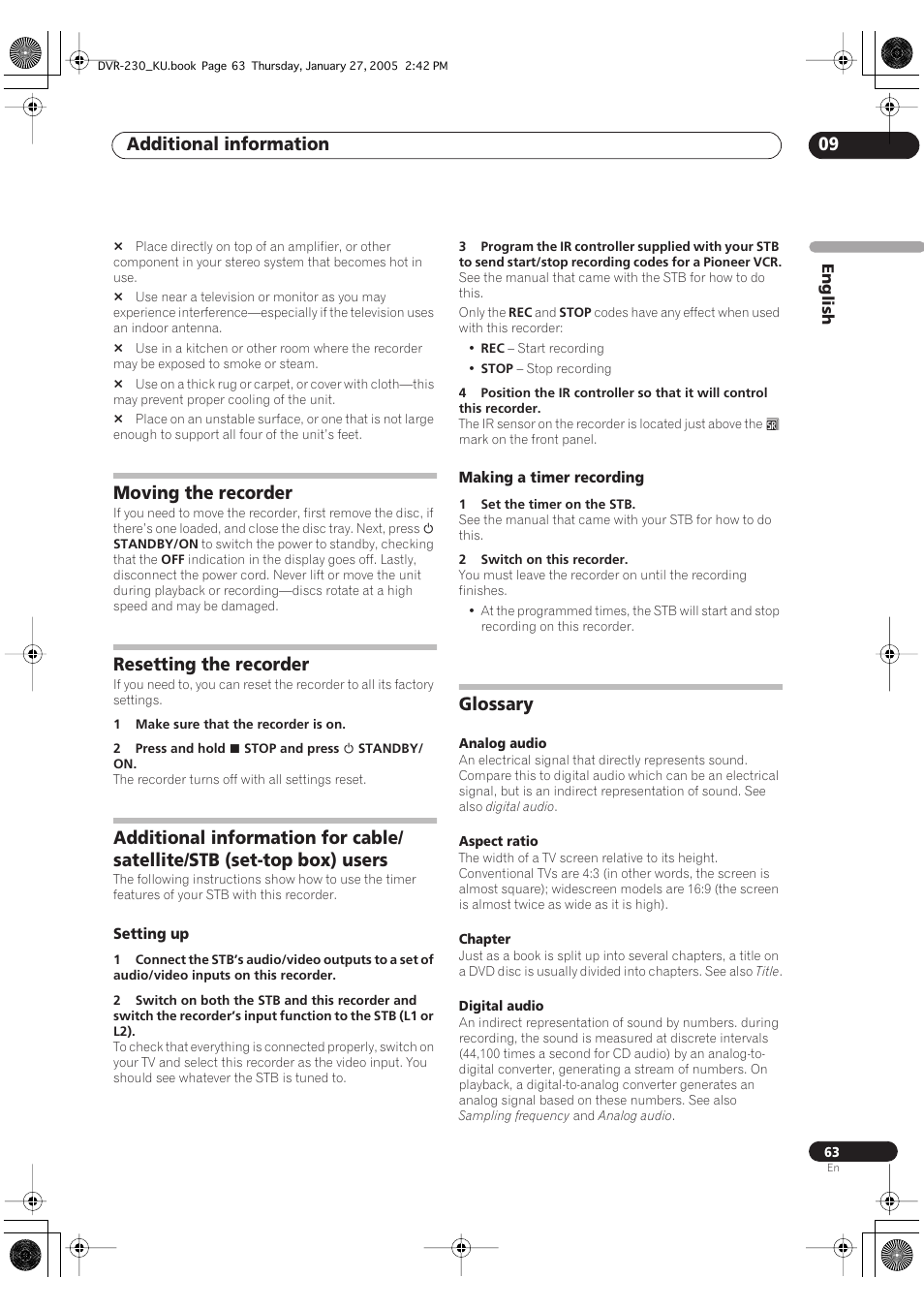 Moving the recorder, Resetting the recorder, Glossary | Additional information 09 | Pioneer DVR-233-S User Manual | Page 63 / 68