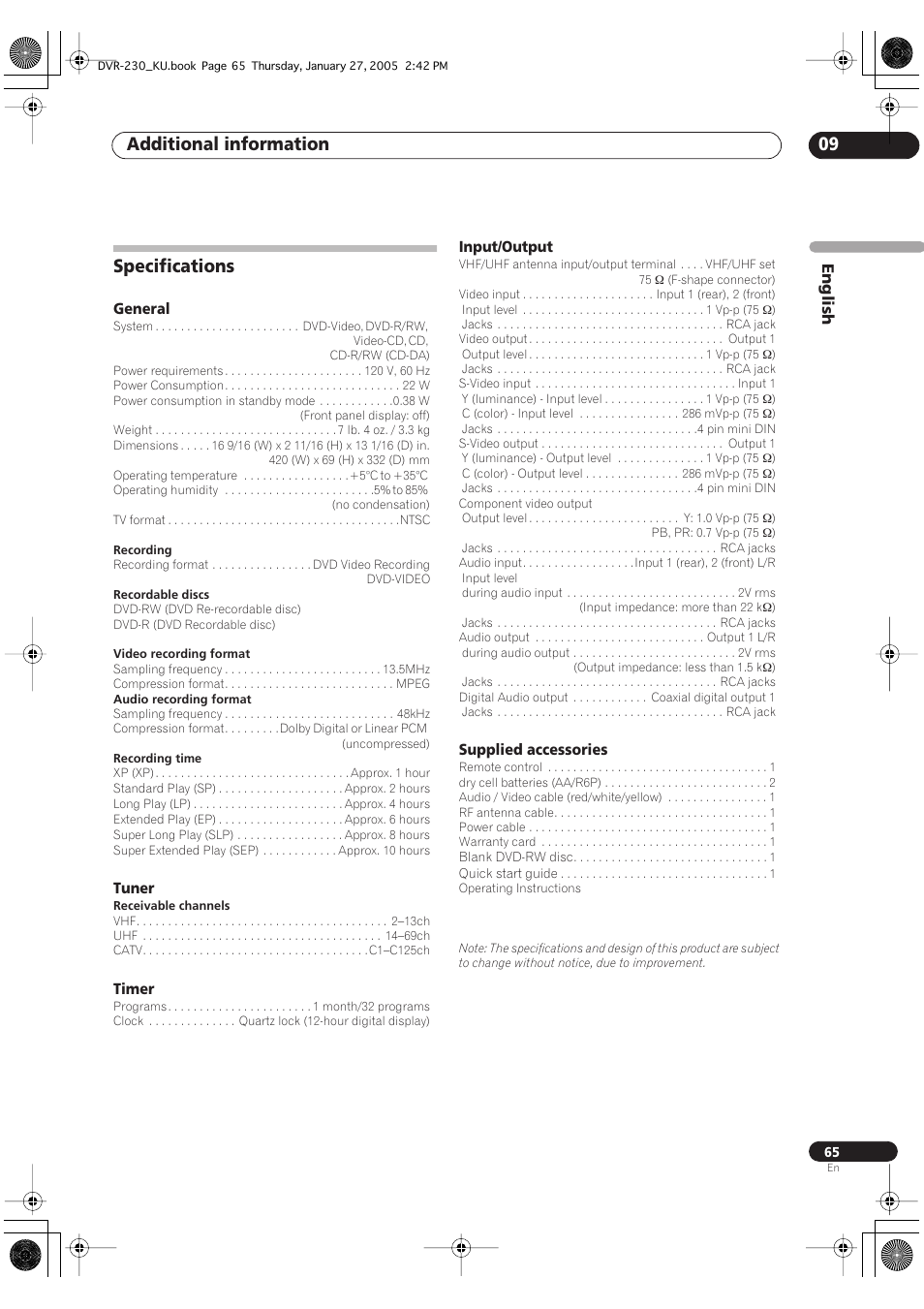 Specifications, Additional information 09 | Pioneer DVR-233-S User Manual | Page 65 / 68